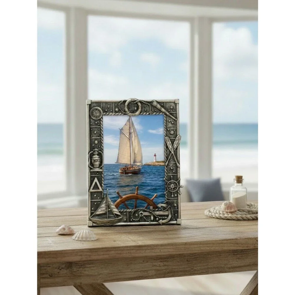 Vintage Sixtrees Nautical Silver Tone Metal Photo Picture Frame Velvet Back